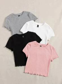 4PCS LETTUCE TRIM RIB KNIT TEE