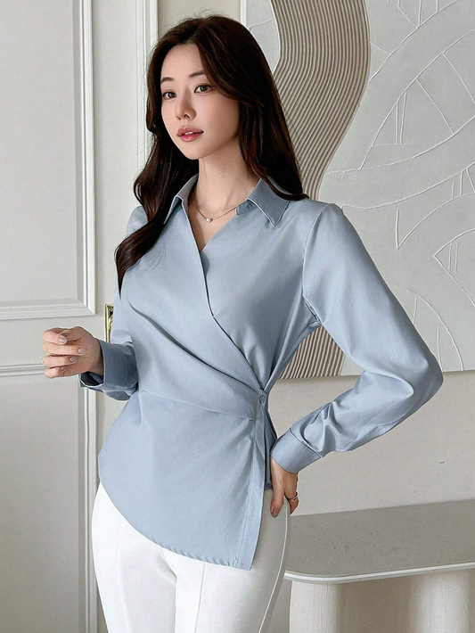 WOMEN'S CASUAL SOLID COLOR LONG SLEEVE WRAP BLOUSE