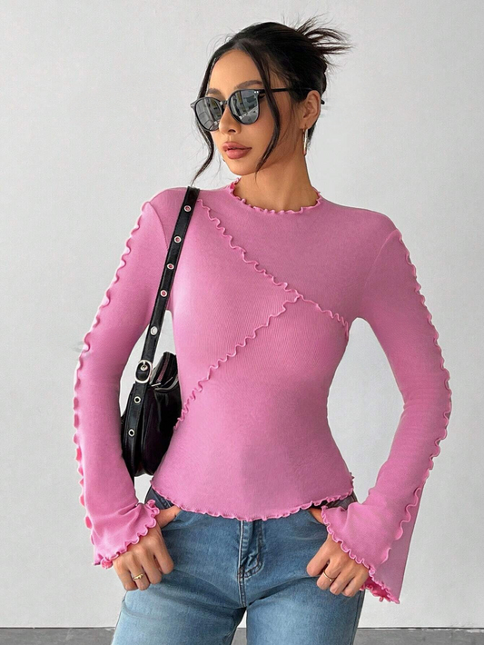 WOMEN'S WAVY STITCHING BELL SLEEVE LONG SLEEVE T-SHIRT