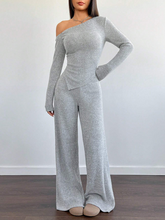 WOMEN'S ASYMMETRICAL NECK PLUSH T-SHIRT AND WIDE LEG CASUAL PANTS 2-PIECE SET