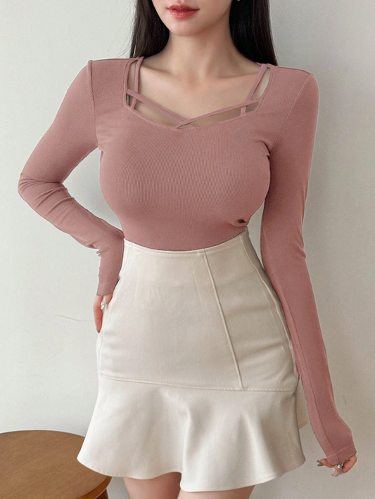 WOMEN'S SOLID COLOR SWEETHEART NECK LONG SLEEVE CASUAL RIBBED T-SHIRT