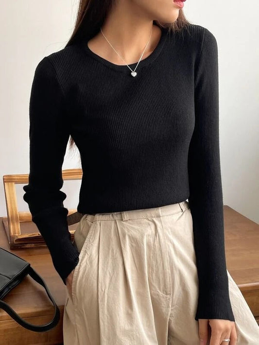 Ribbed Knit Round Neck Tee