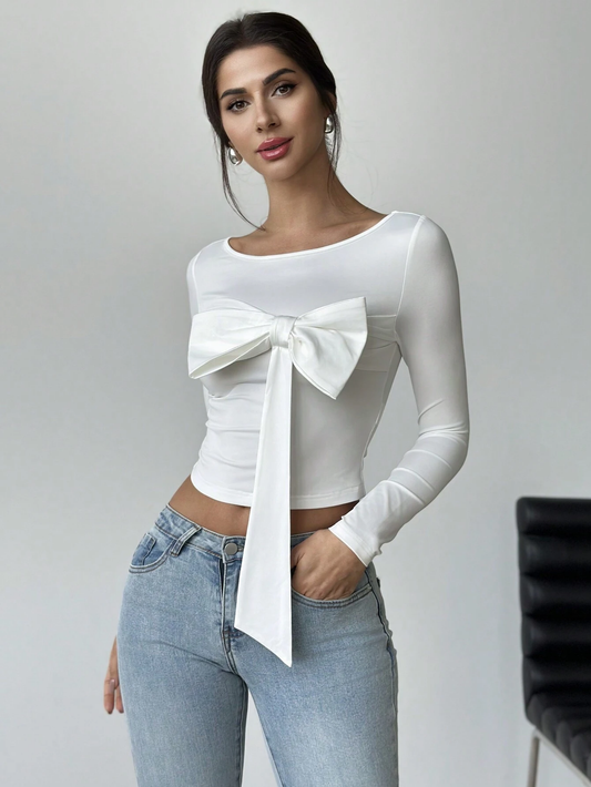 WOMEN'S ELEGANT CUTE ROMANTIC BOW DECOR MOCK NECK LONG SLEEVE FITTED TOP