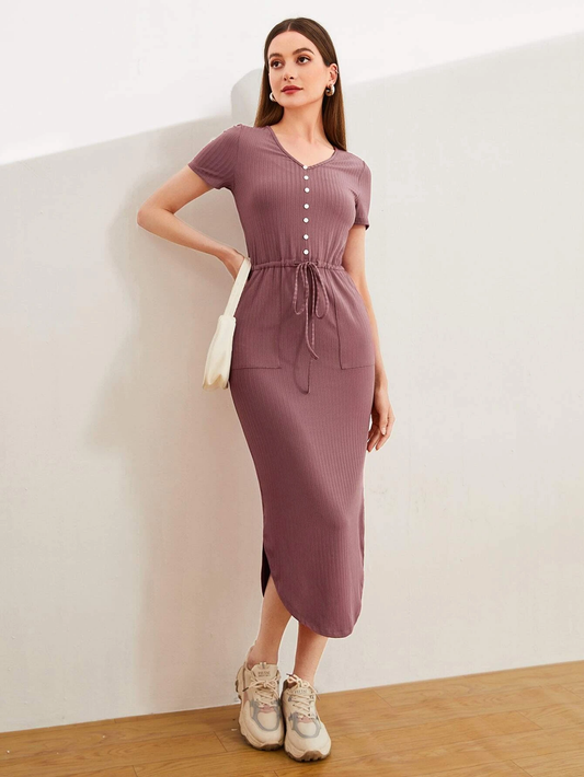 BUTTON FRONT DRAWSTRING SPLIT HEM DRESS