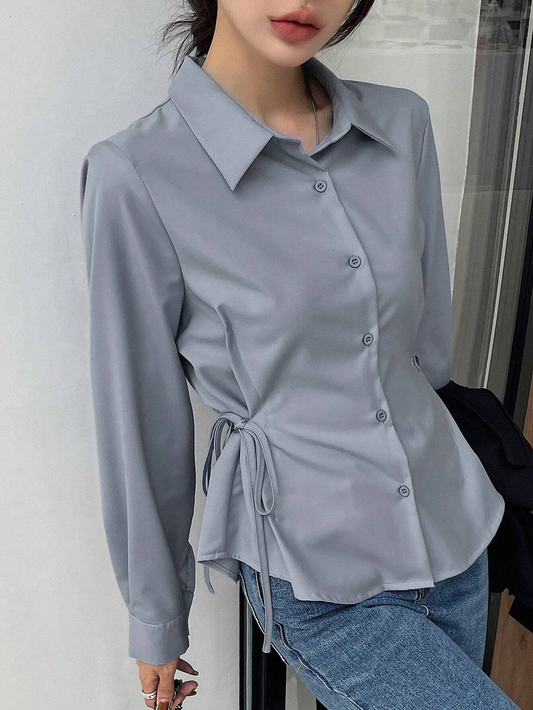 WOMEN'S BUSINESS CASUAL SOLID COLOR LAPEL LONG SLEEVE TIE WAIST BLOUSE