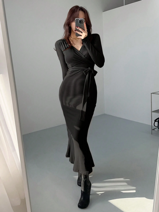 WOMEN'S SOLID COLOR V-NECK WRAP TIE FRONT MIDI DRESS WITH LONG SLEEVES